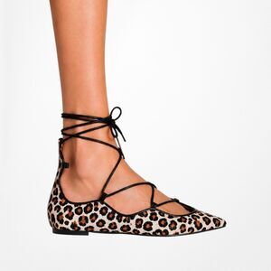 Vintage Zara Leopard Print Lace Up Pointy Toe Ballet Casual Preppy Flats Size 6